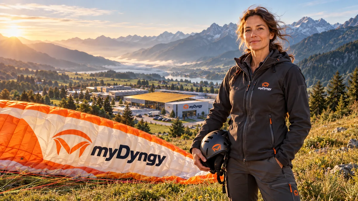 Pilotin mit myDyngy-Schirm am Startplatz über dem Tal